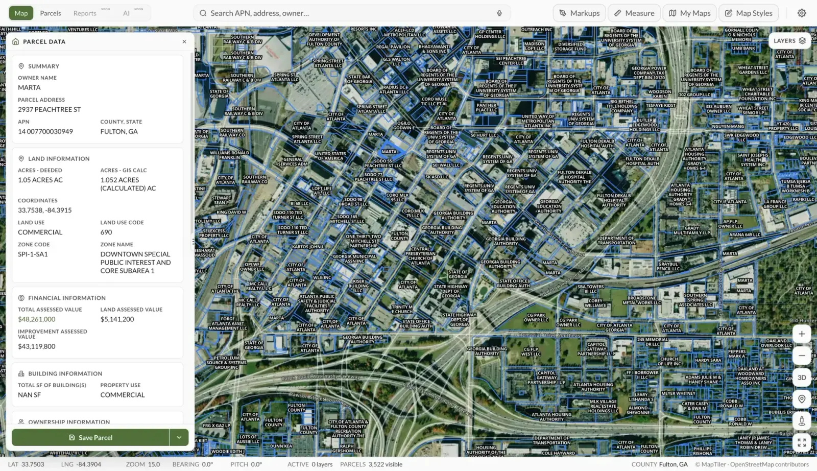 Land Owl map showing parcels, data panel, and layers